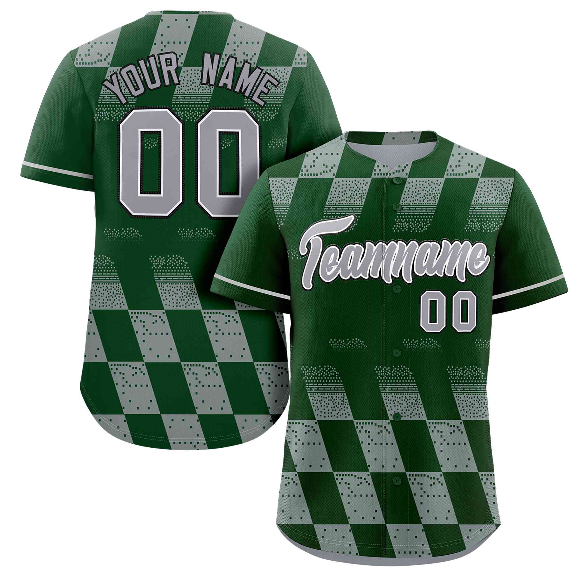 Custom Green Gray Grid Speckles Color Block Design Authentic Baseball Jersey