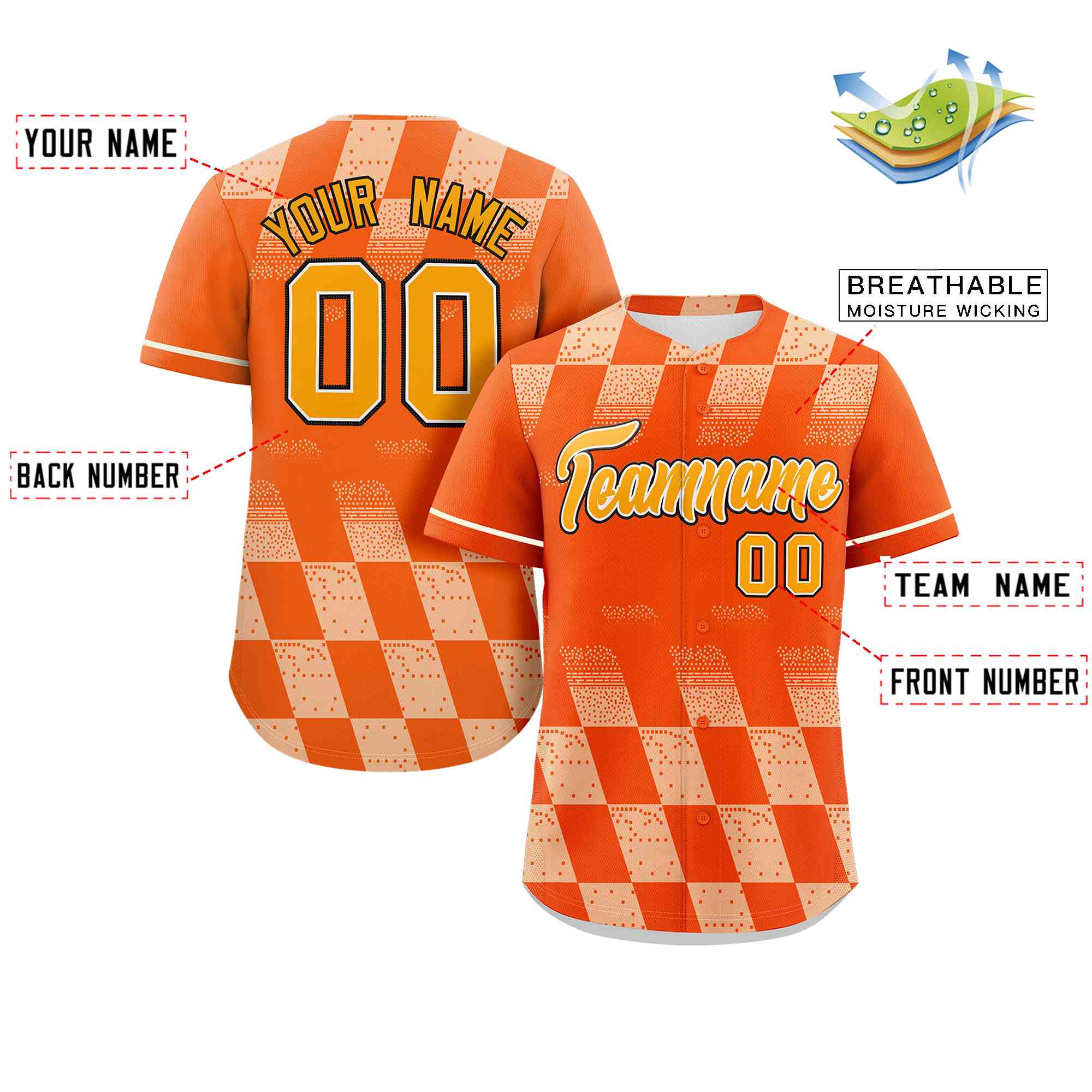 Custom Orange Cream Grid Speckles Color Block Design Authentic Baseball Jersey