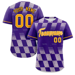 Custom Purple White Grid Speckles Color Block Design Authentic Baseball Jersey