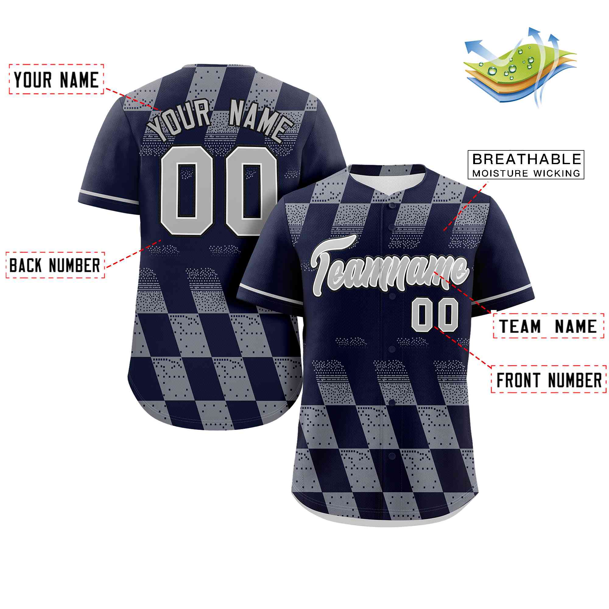 Custom Navy Gray Grid Speckles Color Block Design Authentic Baseball Jersey