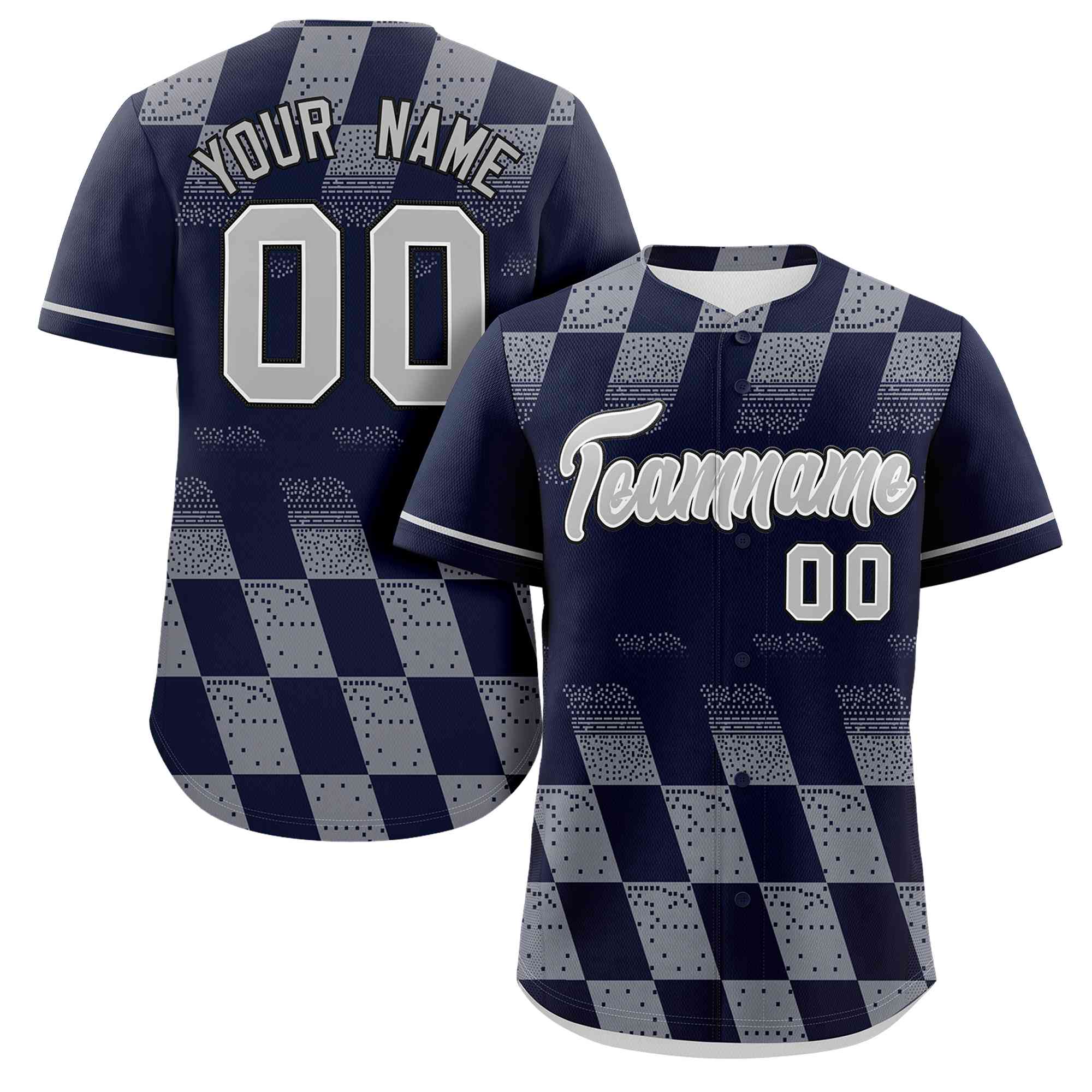 Custom Navy Gray Grid Speckles Color Block Design Authentic Baseball Jersey