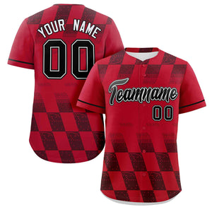 Custom Red Black Grid Speckles Color Block Design Authentic Baseball Jersey