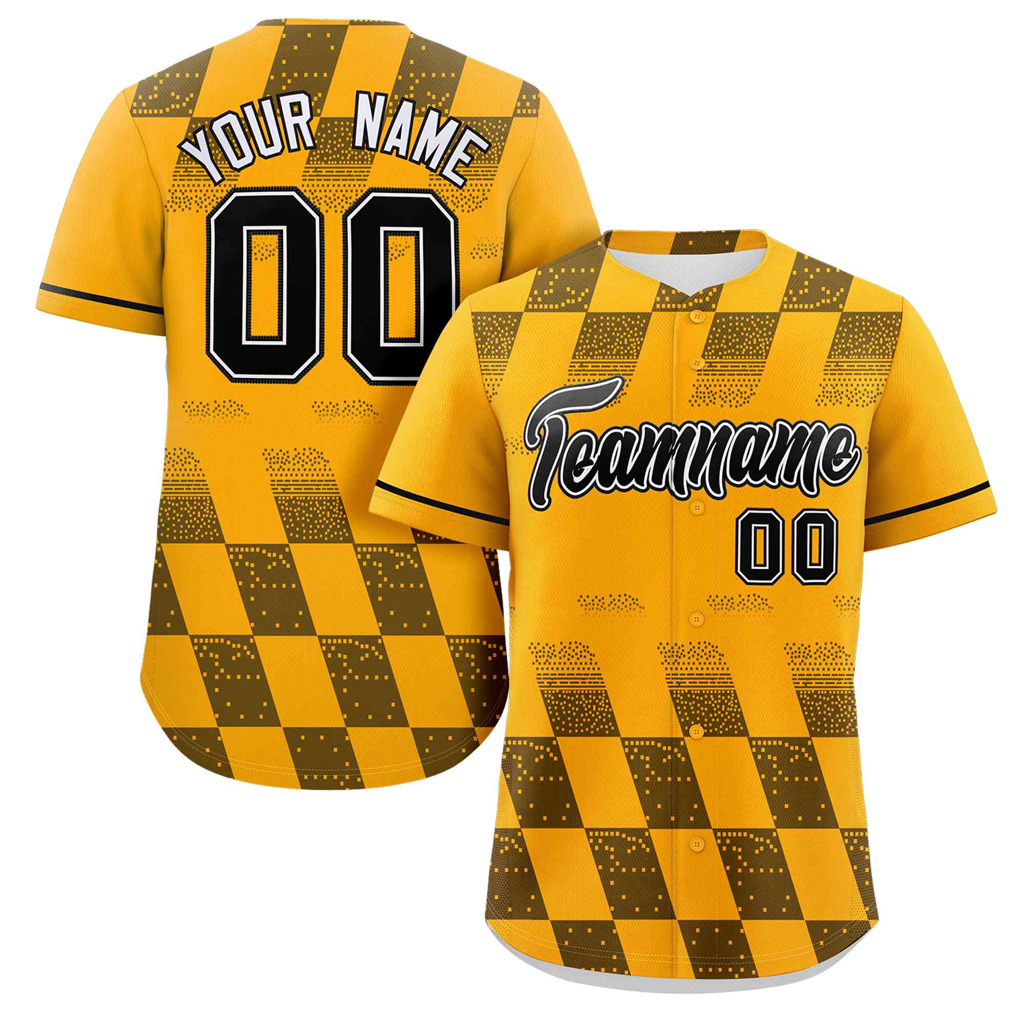 Custom Gold Black Grid Speckles Color Block Design Authentic Baseball Jersey