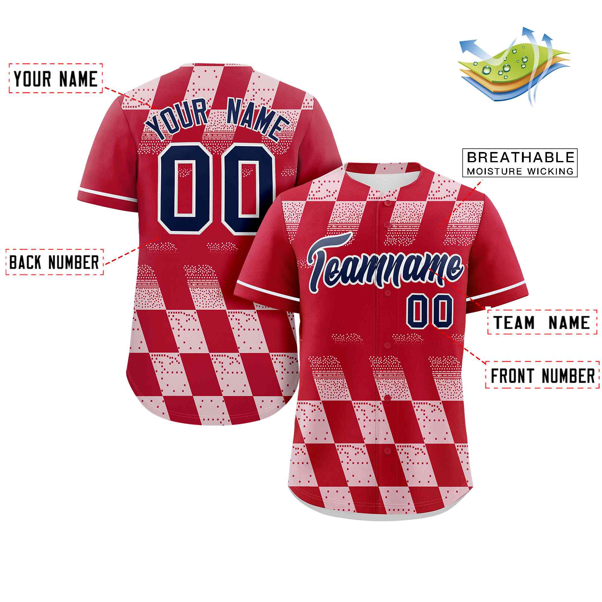 Custom Red White Grid Speckles Color Block Design Authentic Baseball Jersey