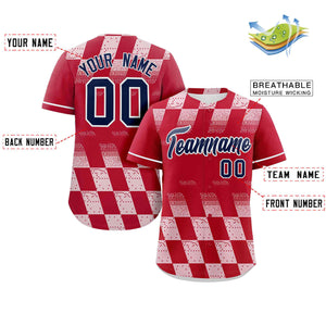 Custom Red White Grid Speckles Color Block Design Authentic Baseball Jersey