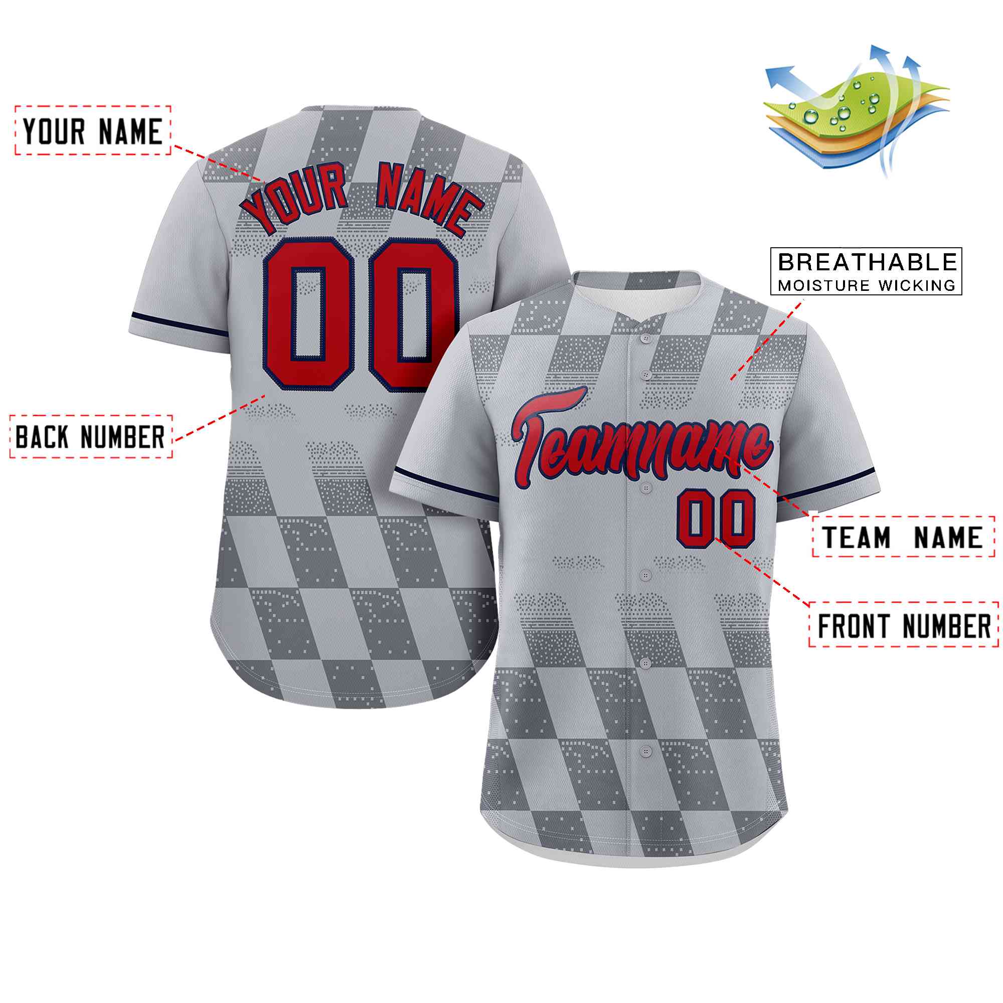 Custom Gray Red Grid Speckles Color Block Design Authentic Baseball Jersey