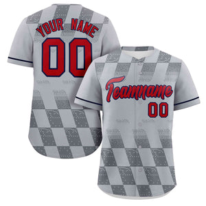 Custom Gray Red Grid Speckles Color Block Design Authentic Baseball Jersey