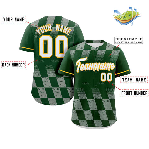 Custom Kelly Green Gray Grid Speckles Color Block Design Authentic Baseball Jersey