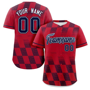 Custom Red Navy Grid Speckles Color Block Design Authentic Baseball Jersey