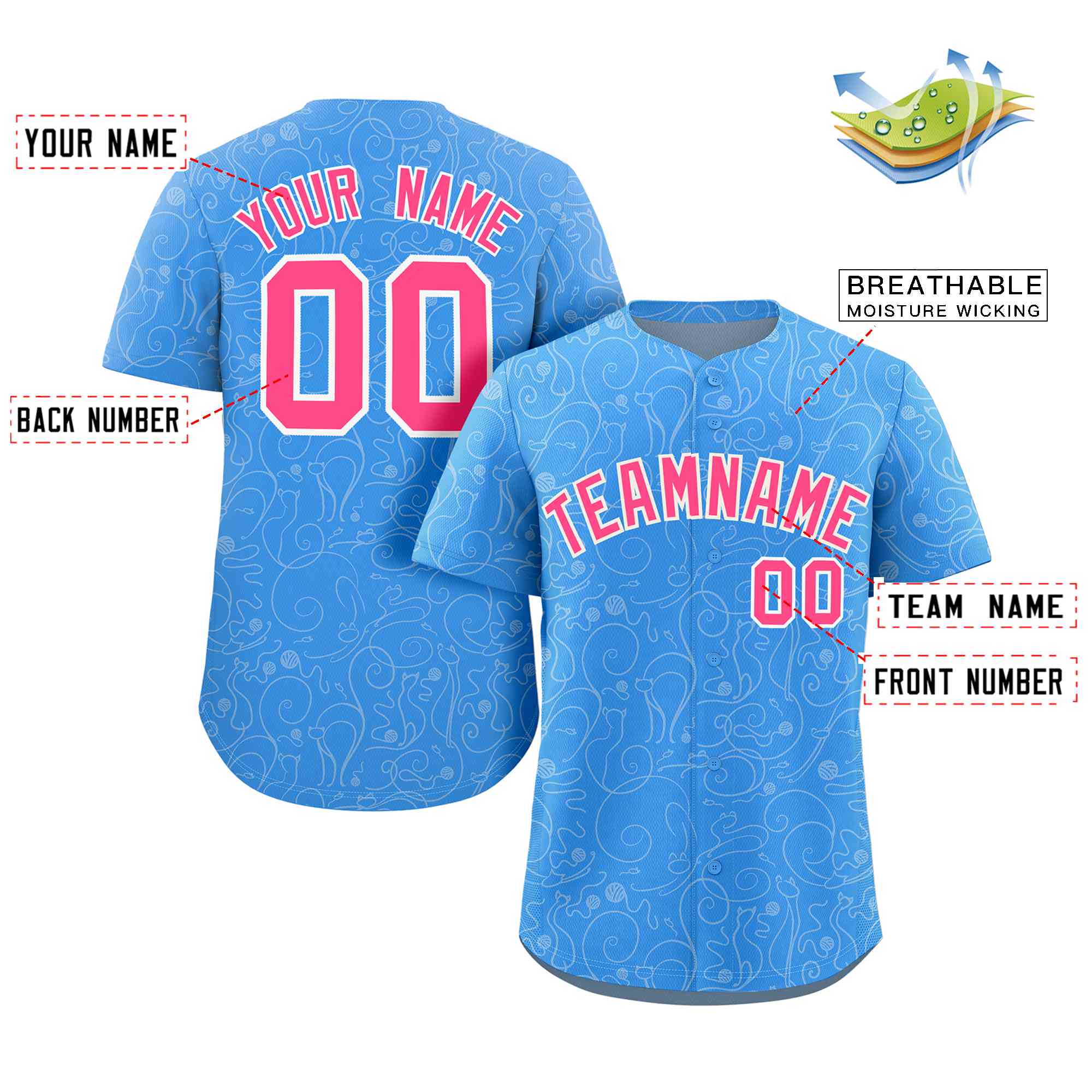 Custom Powder Blue Cream Line Art Graffiti Pattern Design Authentic Baseball Jersey