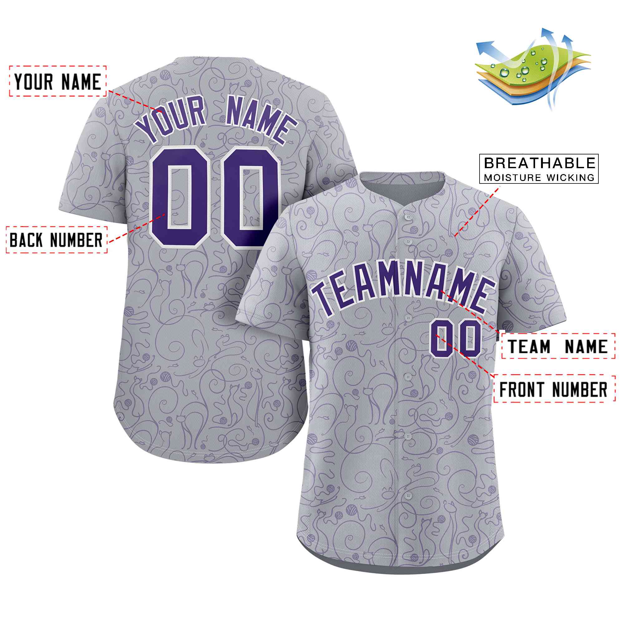 Custom Gray Purple Line Art Graffiti Pattern Design Authentic Baseball Jersey