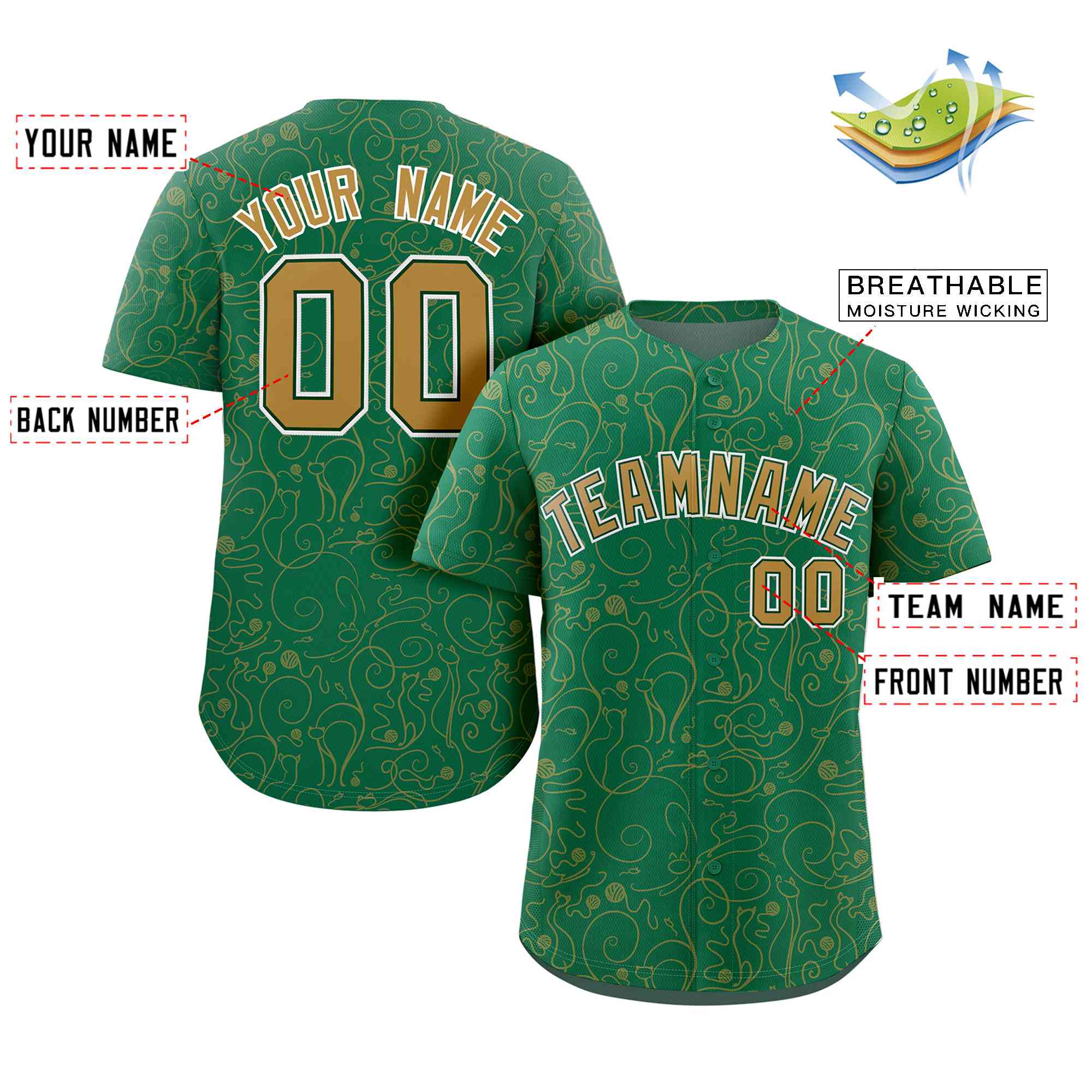 Custom Kelly Green Old Gold Line Art Graffiti Pattern Design Authentic Baseball Jersey