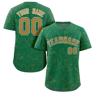 Custom Kelly Green Old Gold Line Art Graffiti Pattern Design Authentic Baseball Jersey