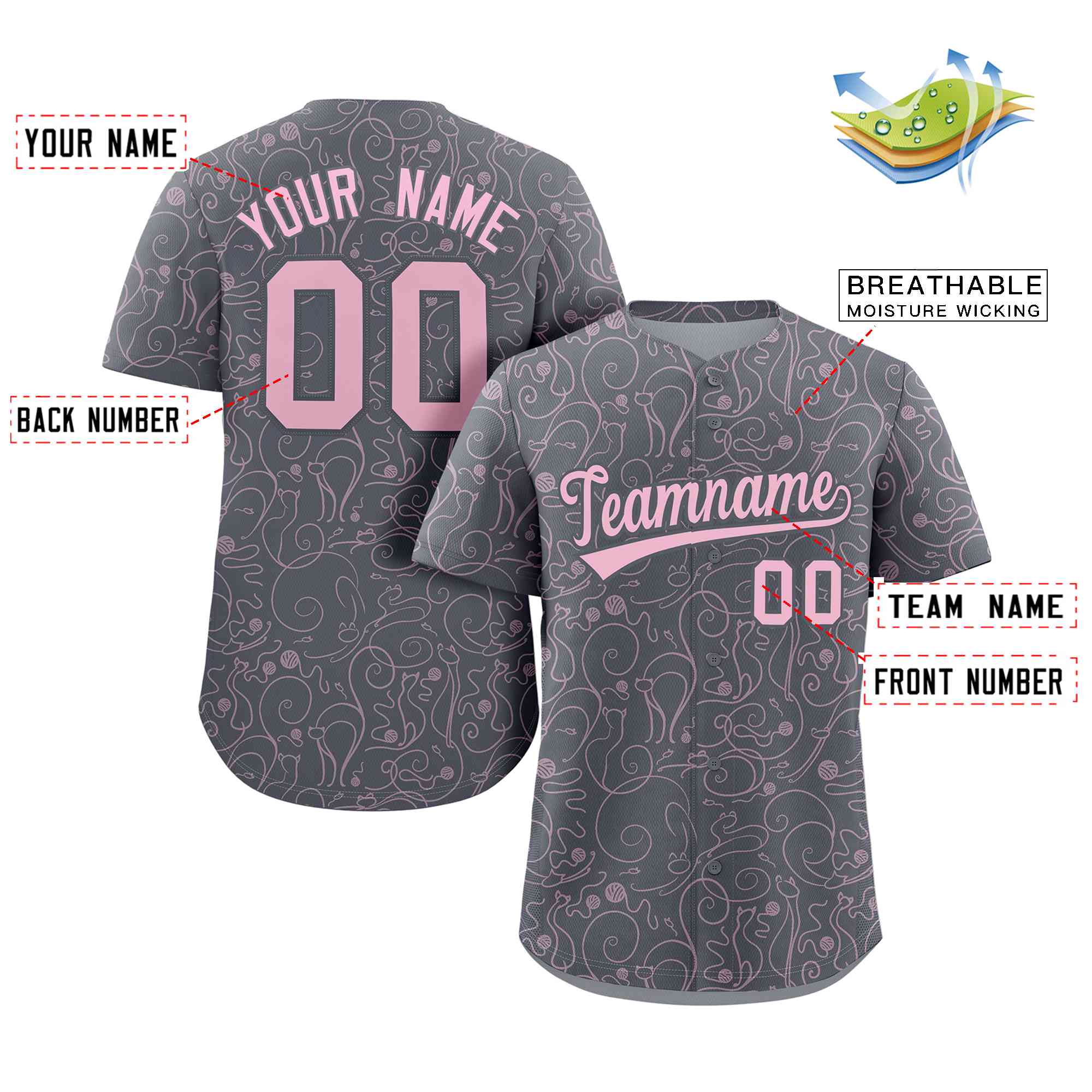 Custom Dark Gray Light Pink Line Art Graffiti Pattern Design Authentic Baseball Jersey