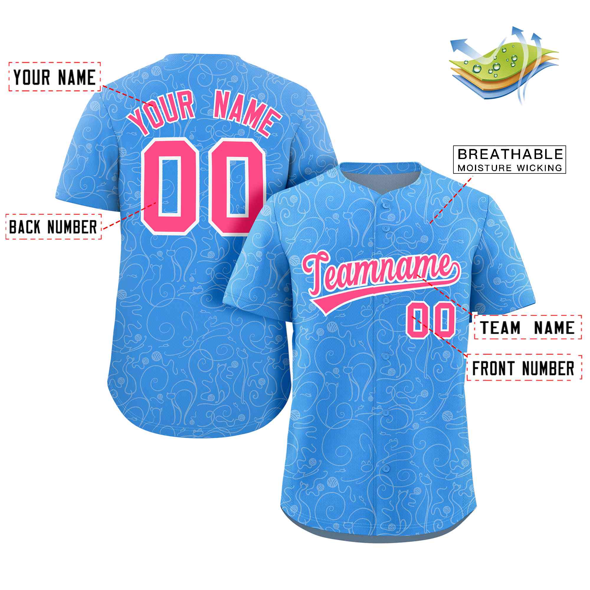 Custom Powder Blue Cream Line Art Graffiti Pattern Design Authentic Baseball Jersey