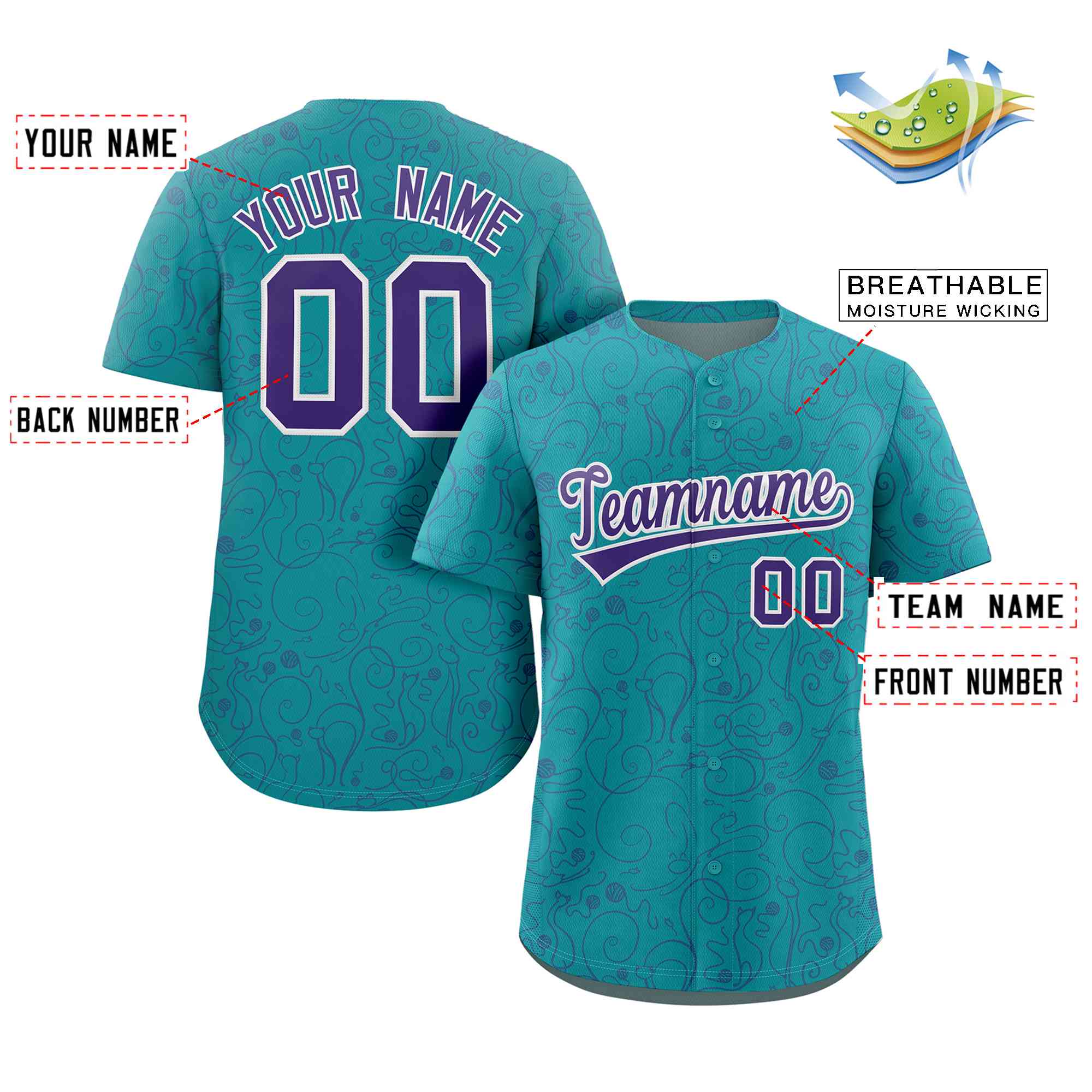 Custom Aqua Royal Line Art Graffiti Pattern Design Authentic Baseball Jersey