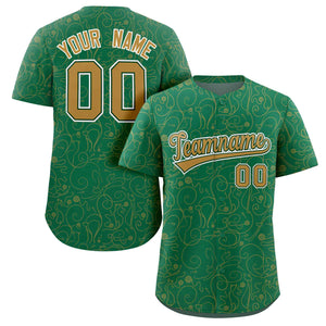 Custom Kelly Green Old Gold Line Art Graffiti Pattern Design Authentic Baseball Jersey