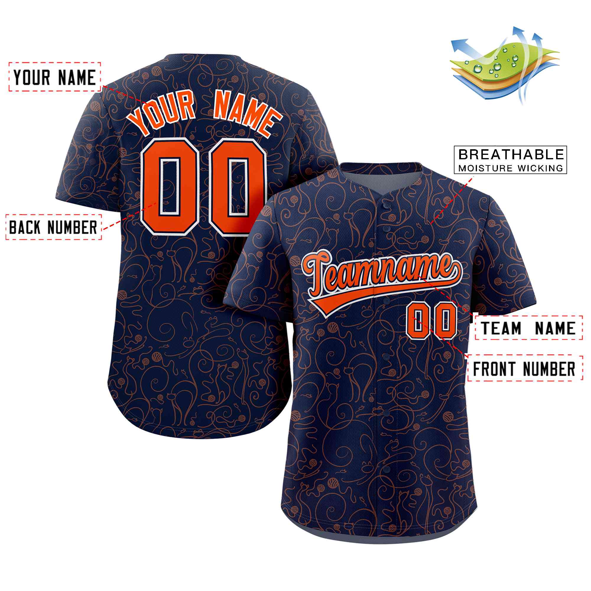 Custom Navy Orange Line Art Graffiti Pattern Design Authentic Baseball Jersey