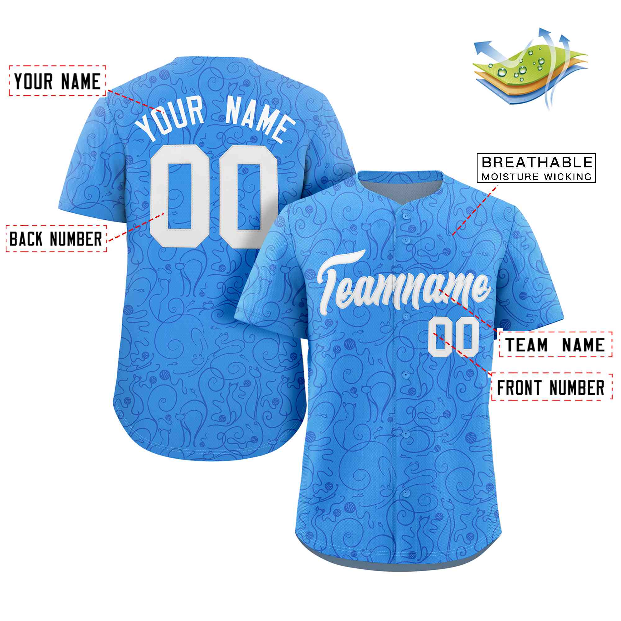 Custom Powder Blue Royal Line Art Graffiti Pattern Design Authentic Baseball Jersey