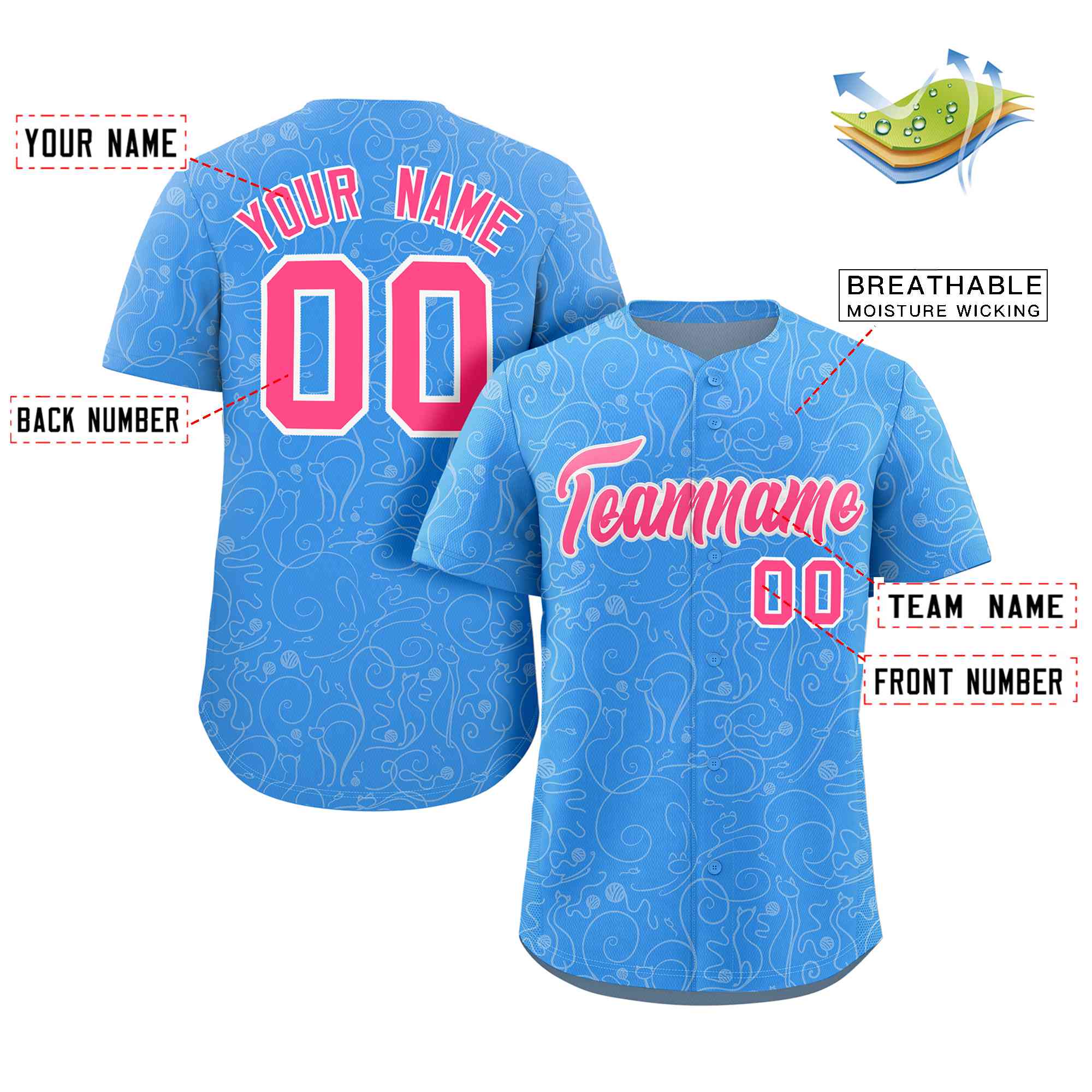 Custom Powder Blue Cream Line Art Graffiti Pattern Design Authentic Baseball Jersey