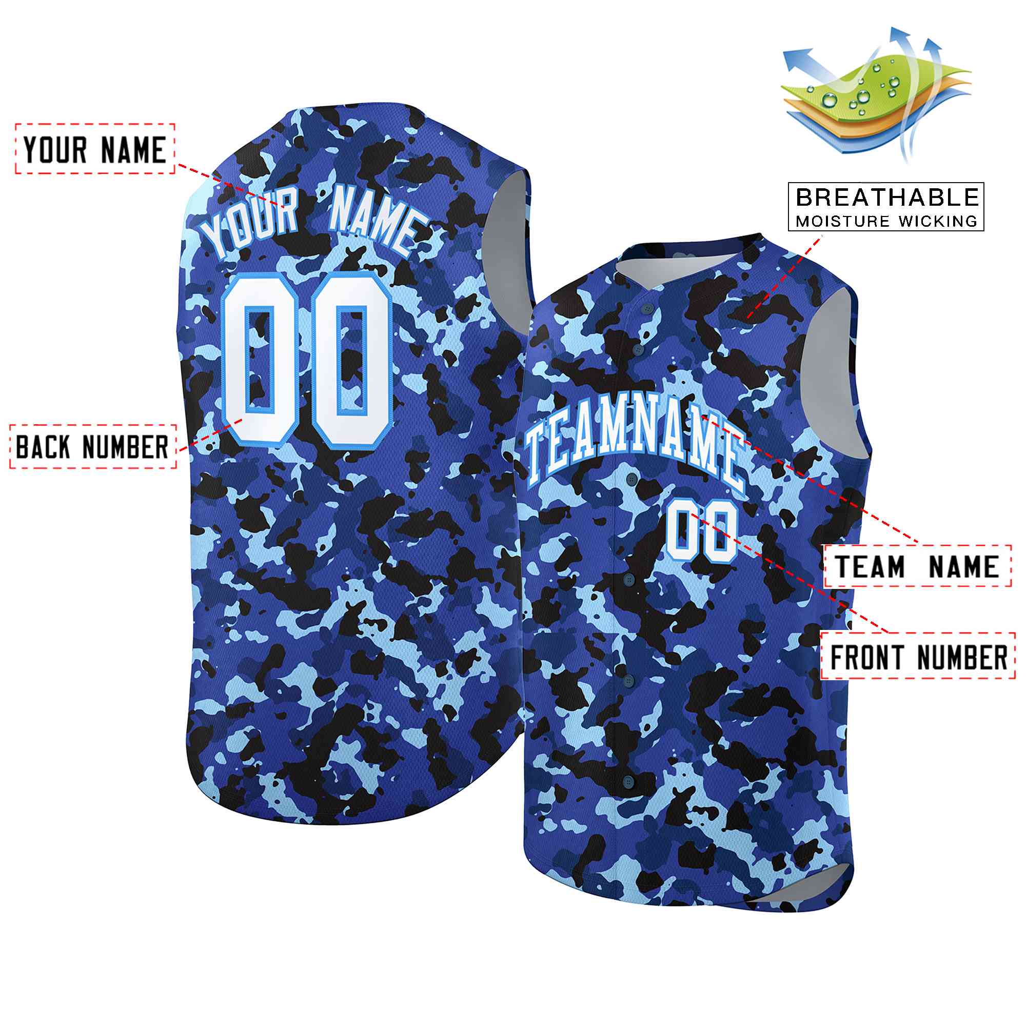 Custom Lt Blue Royal-White Camo Fashion Authentic Sleeveless Baseball Jersey