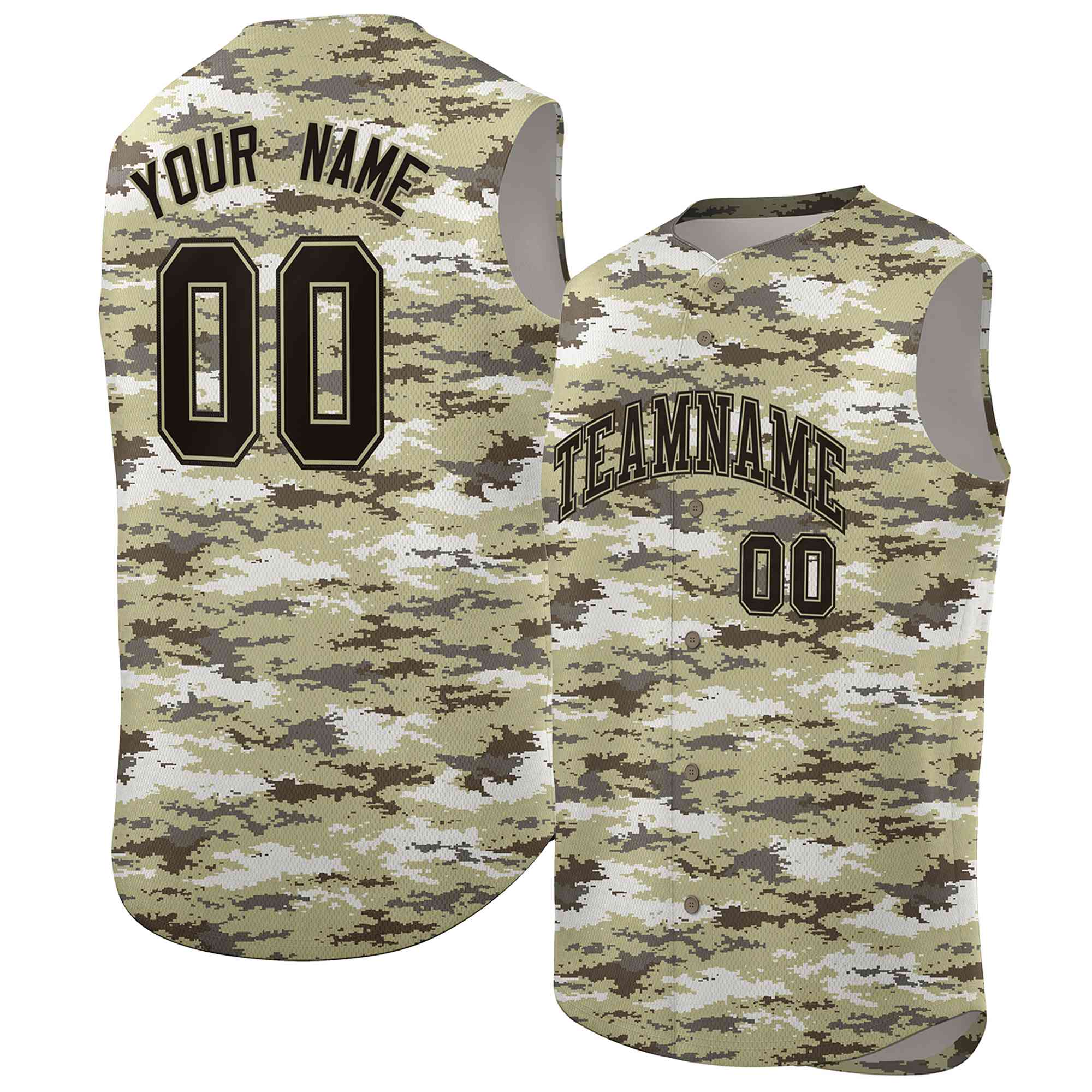 Custom Brown Khaki-Black Camo Fashion Authentic Sleeveless Baseball Jersey