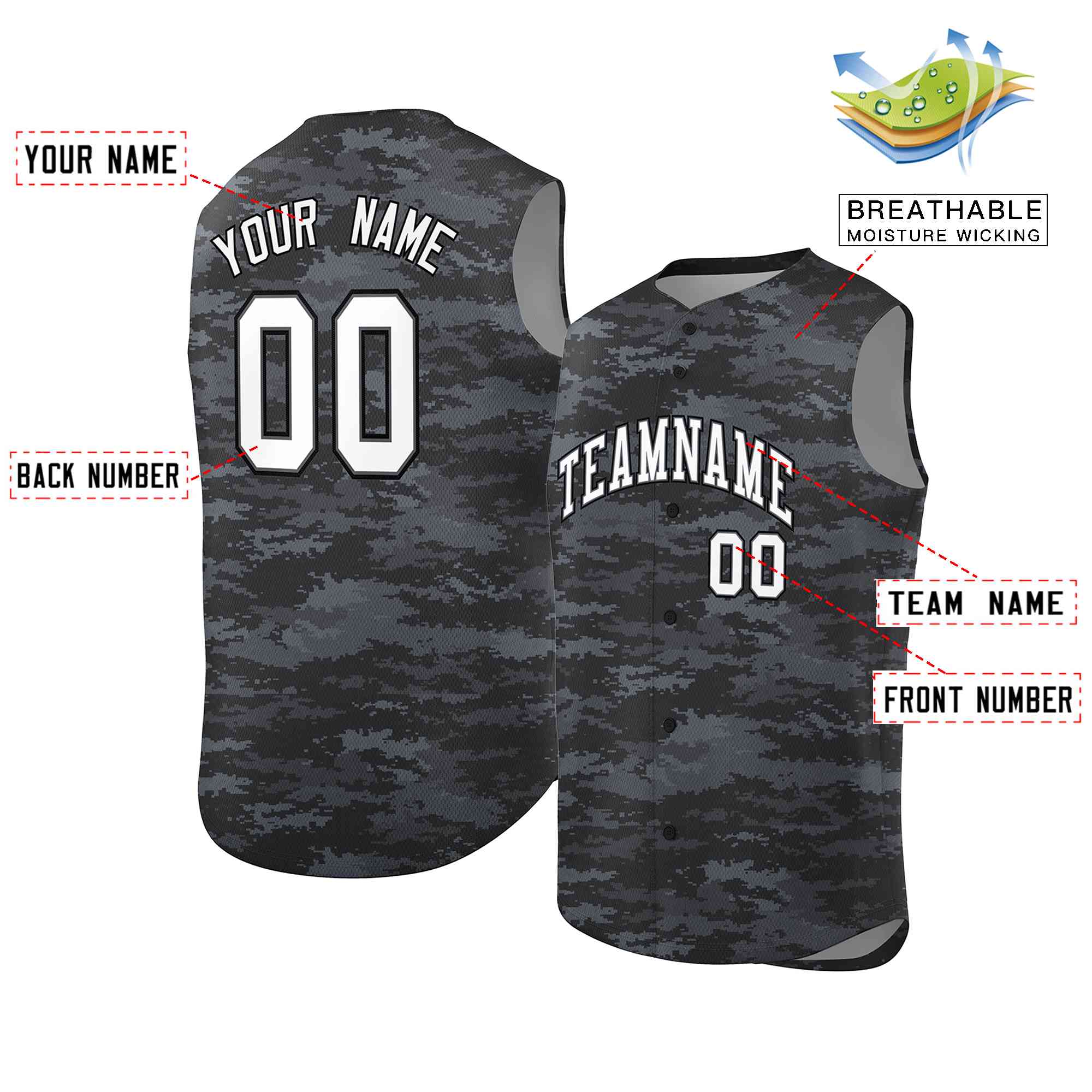 Custom Black Navy Camo Fashion Authentic Sleeveless Baseball Jersey