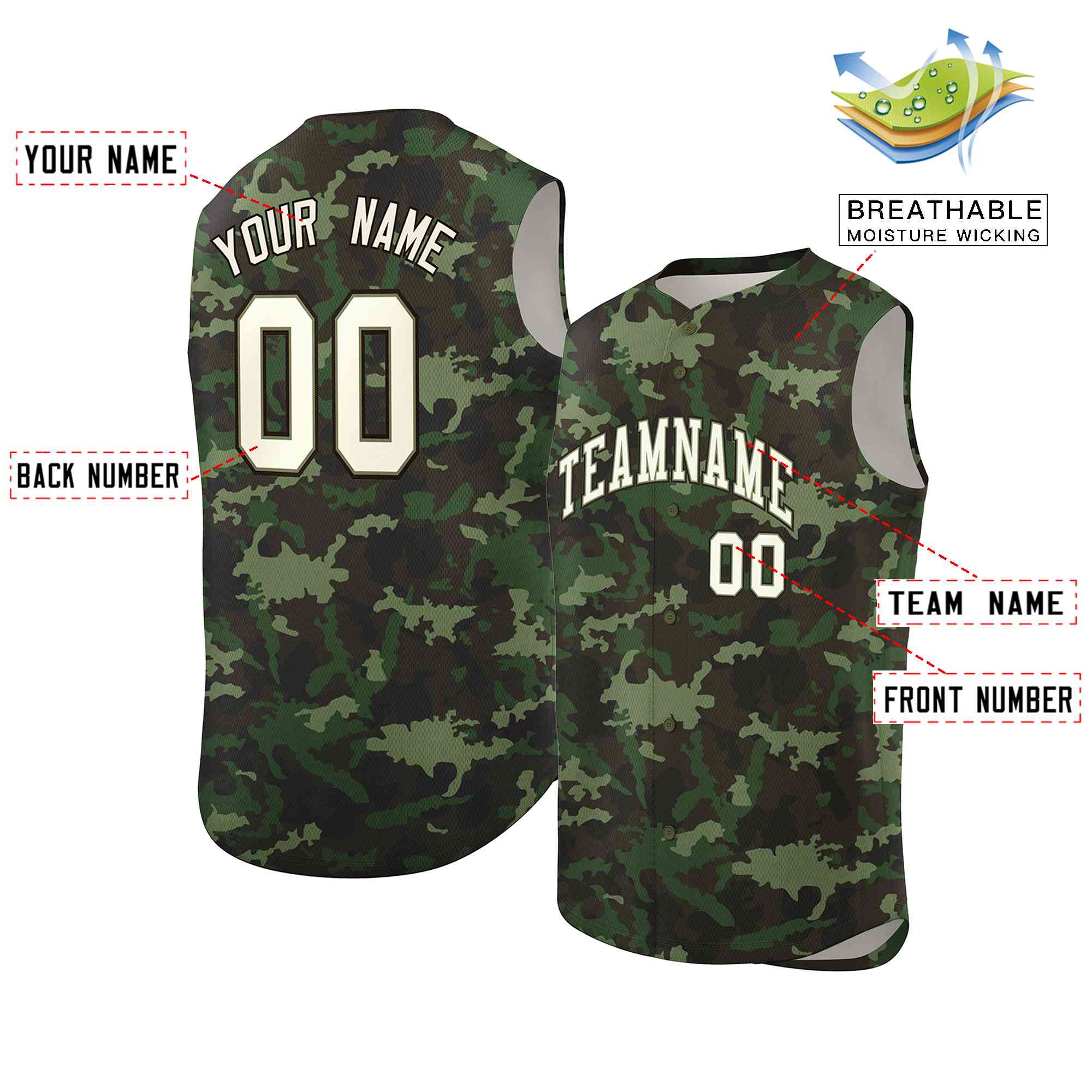 Custom Green Brown Camo Fashion Authentic Sleeveless Baseball Jersey