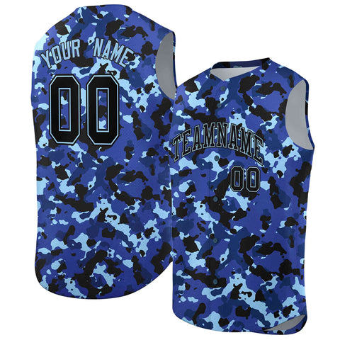 Custom Lt Blue Royal-Black Camo Fashion Authentic Sleeveless Baseball Jersey