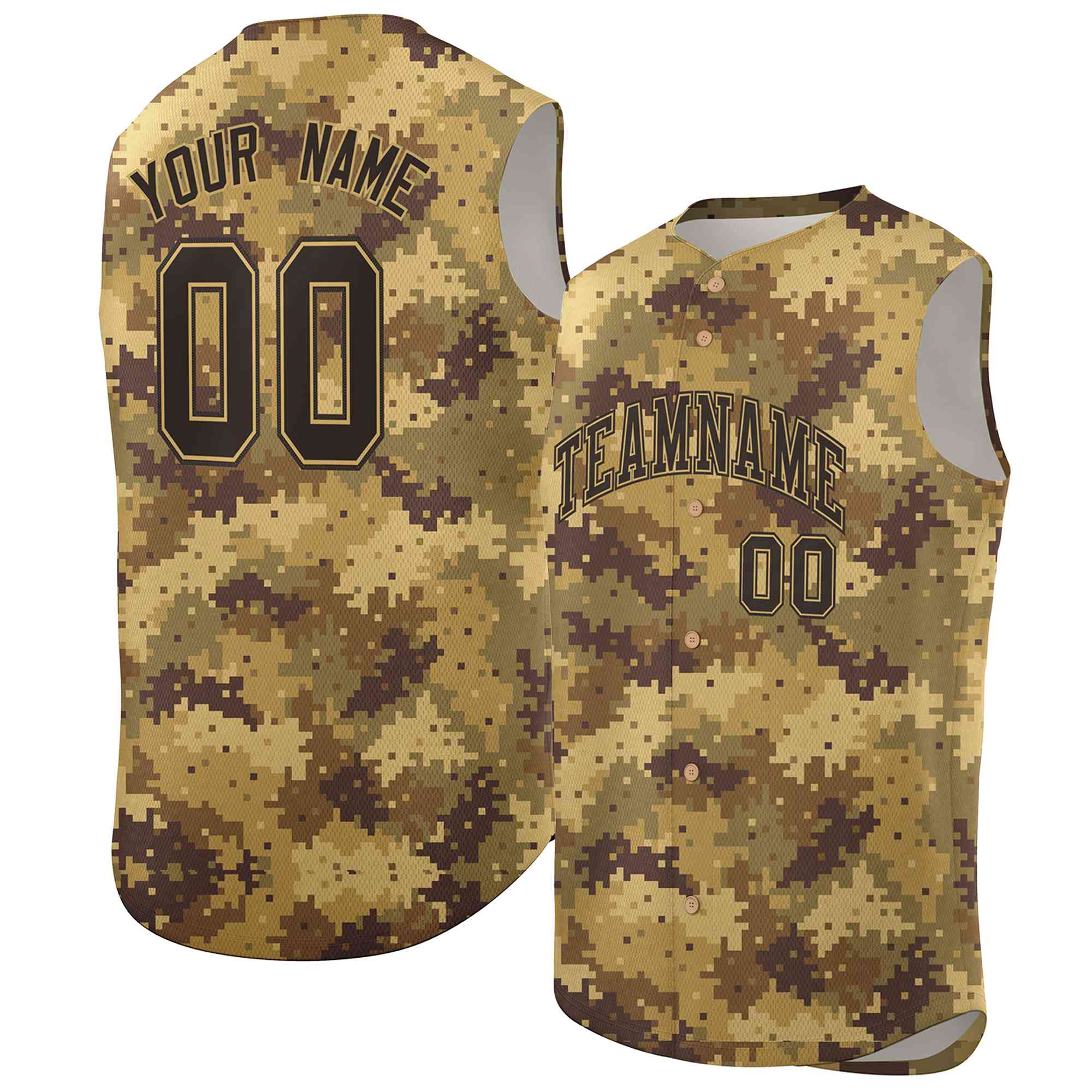 Custom Brown Old Gold-Black Camo Fashion Authentic Sleeveless Baseball Jersey