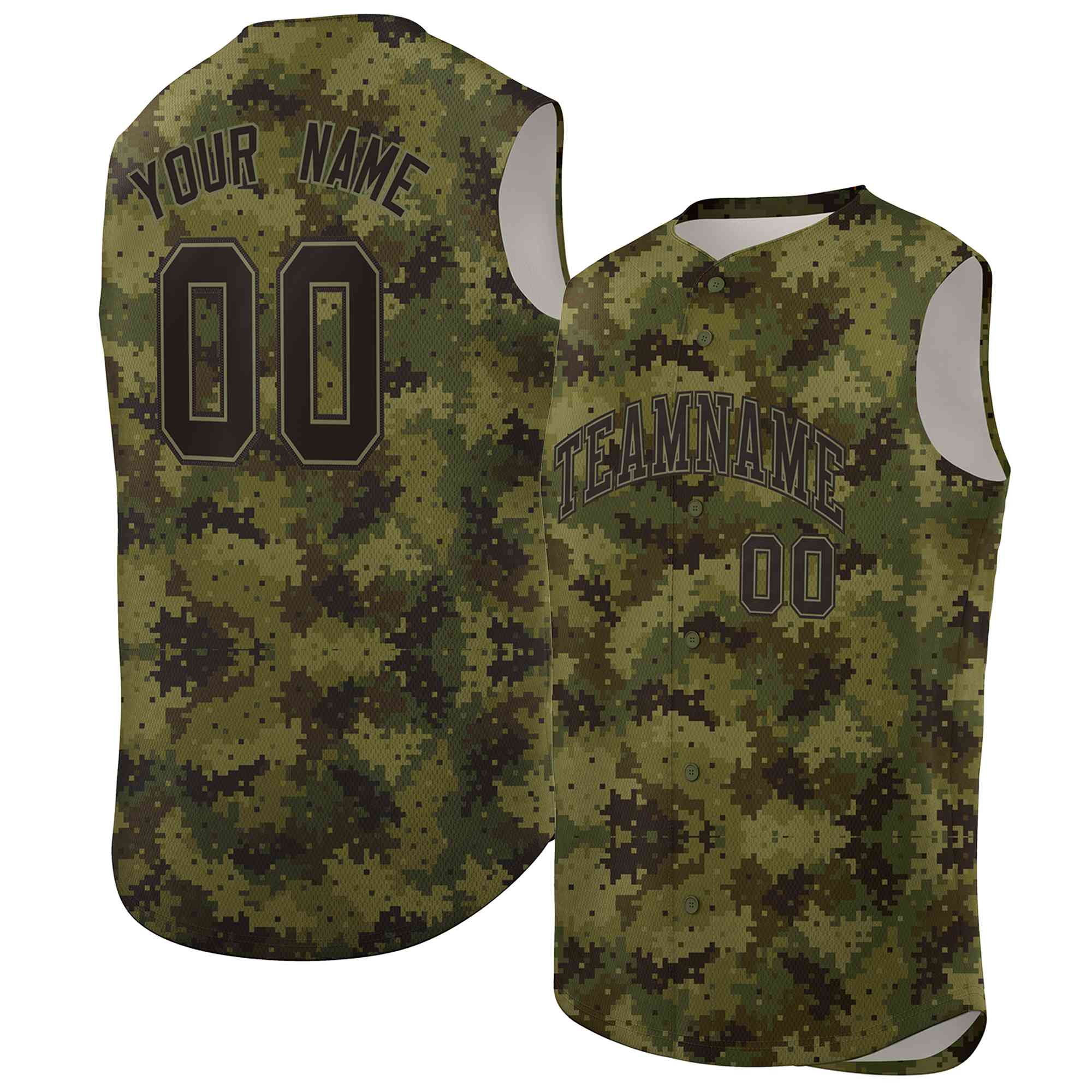 Custom Green Brown-Black Camo Fashion Authentic Sleeveless Baseball Jersey