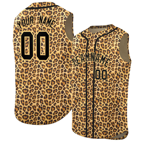 Custom Old Gold Black Leopard Graffiti Pattern Authentic Sleeveless Baseball Jersey
