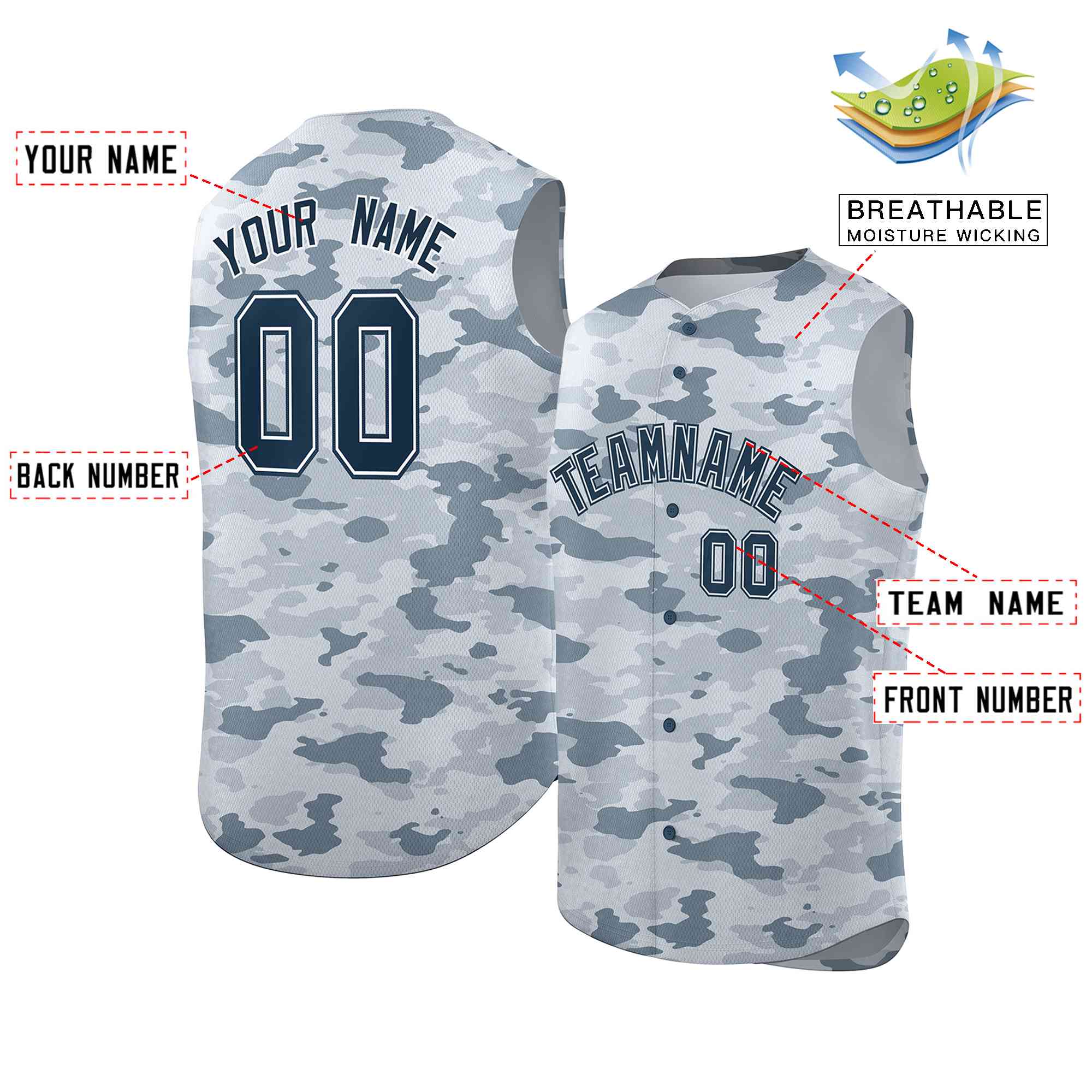 Custom Navy Gray Camo Fashion Authentic Sleeveless Baseball Jersey