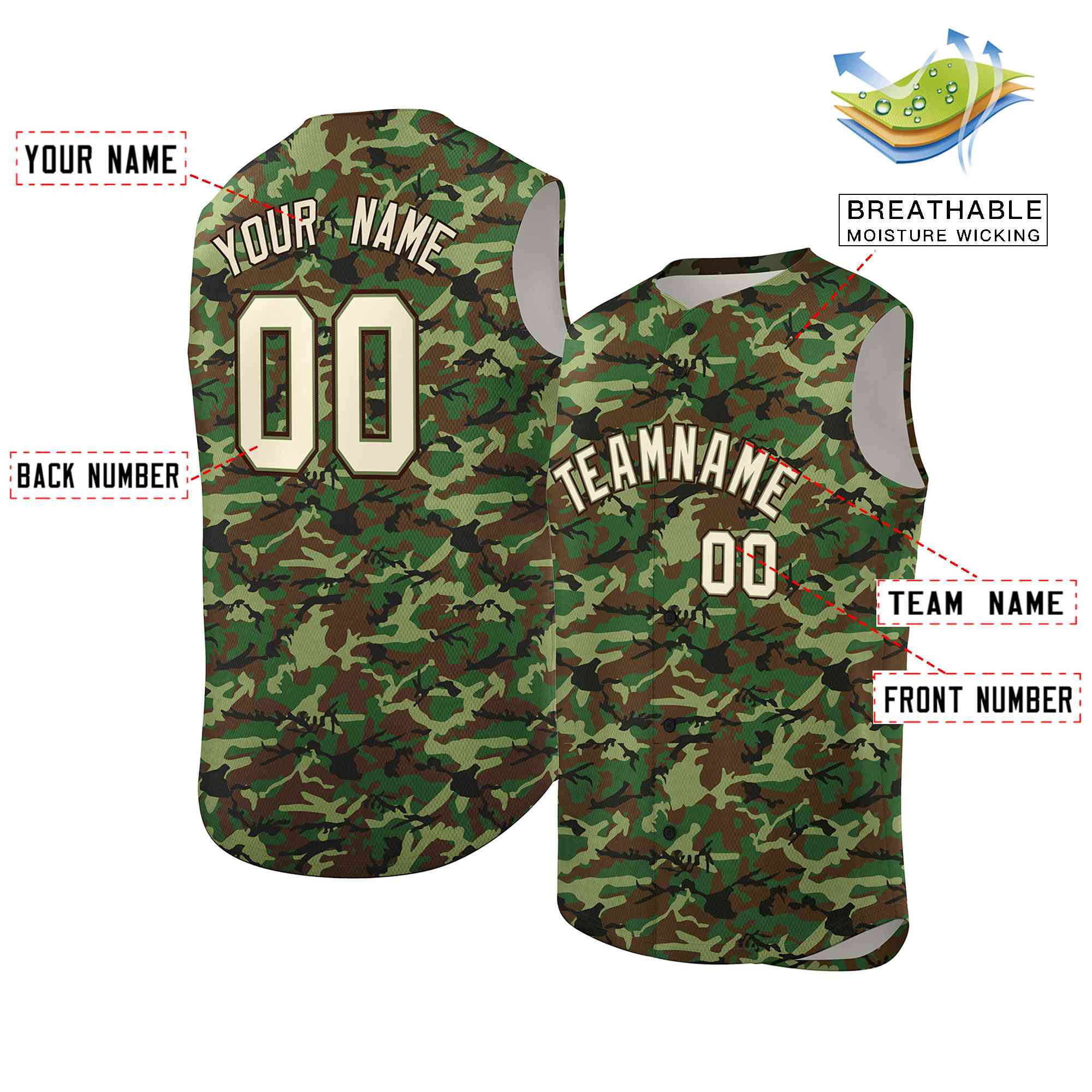 Custom Brown Green-Cream Camo Fashion Authentic Sleeveless Baseball Jersey