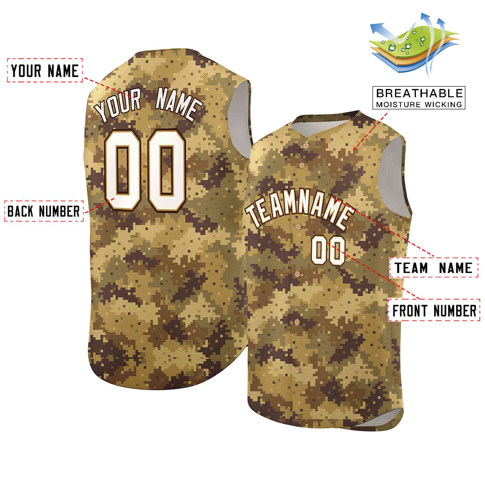 Custom Brown Old Gold-White Camo Fashion Authentic Sleeveless Baseball Jersey