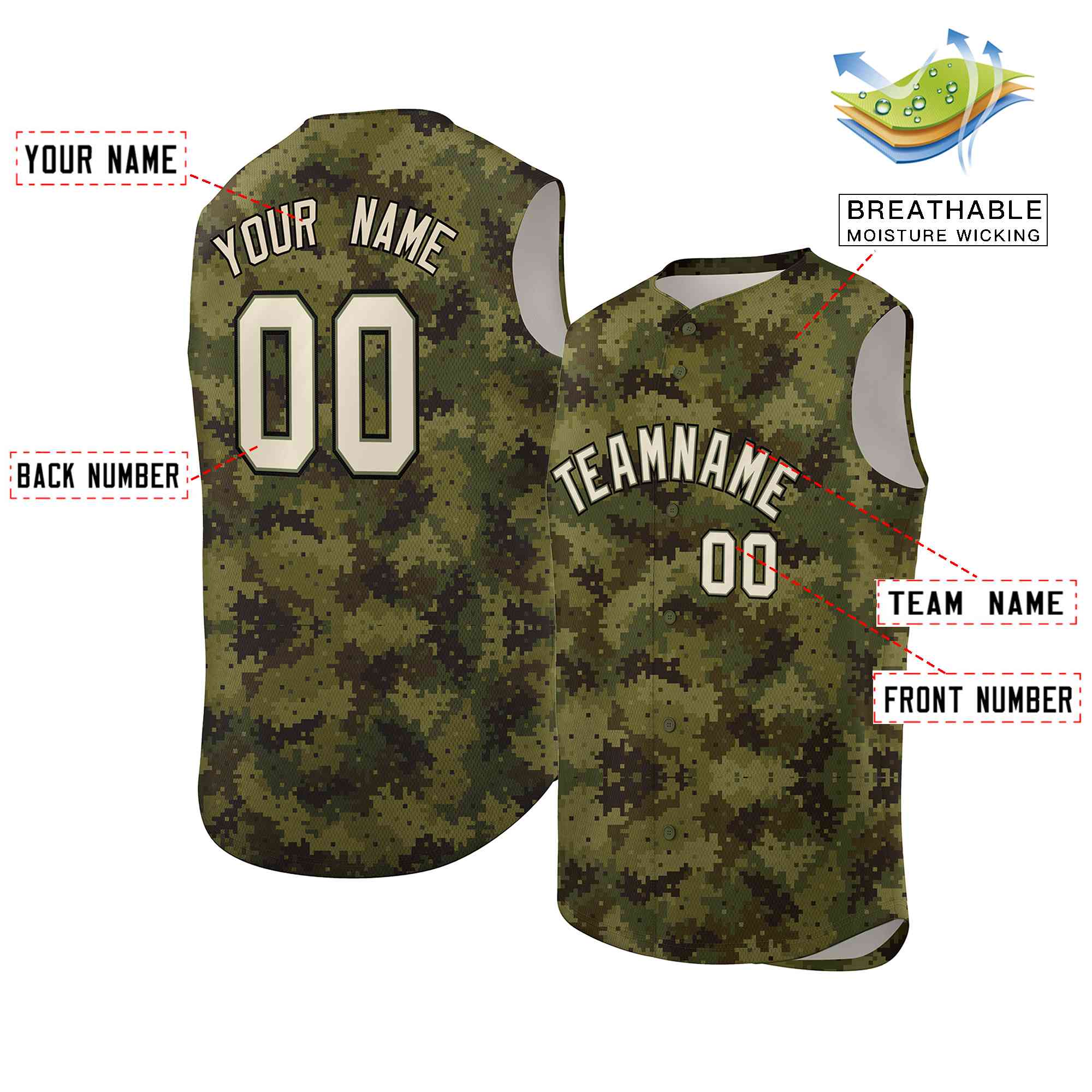 Custom Green Brown-Khaki Camo Fashion Authentic Sleeveless Baseball Jersey