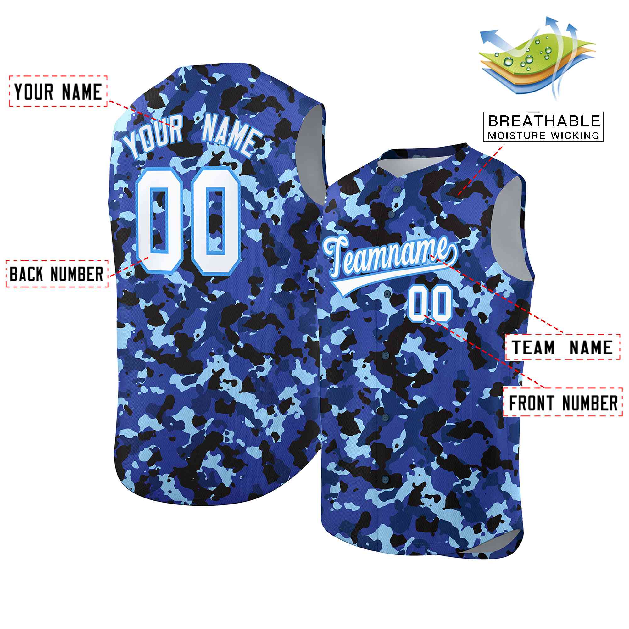 Custom Lt Blue Royal-White Camo Fashion Authentic Sleeveless Baseball Jersey