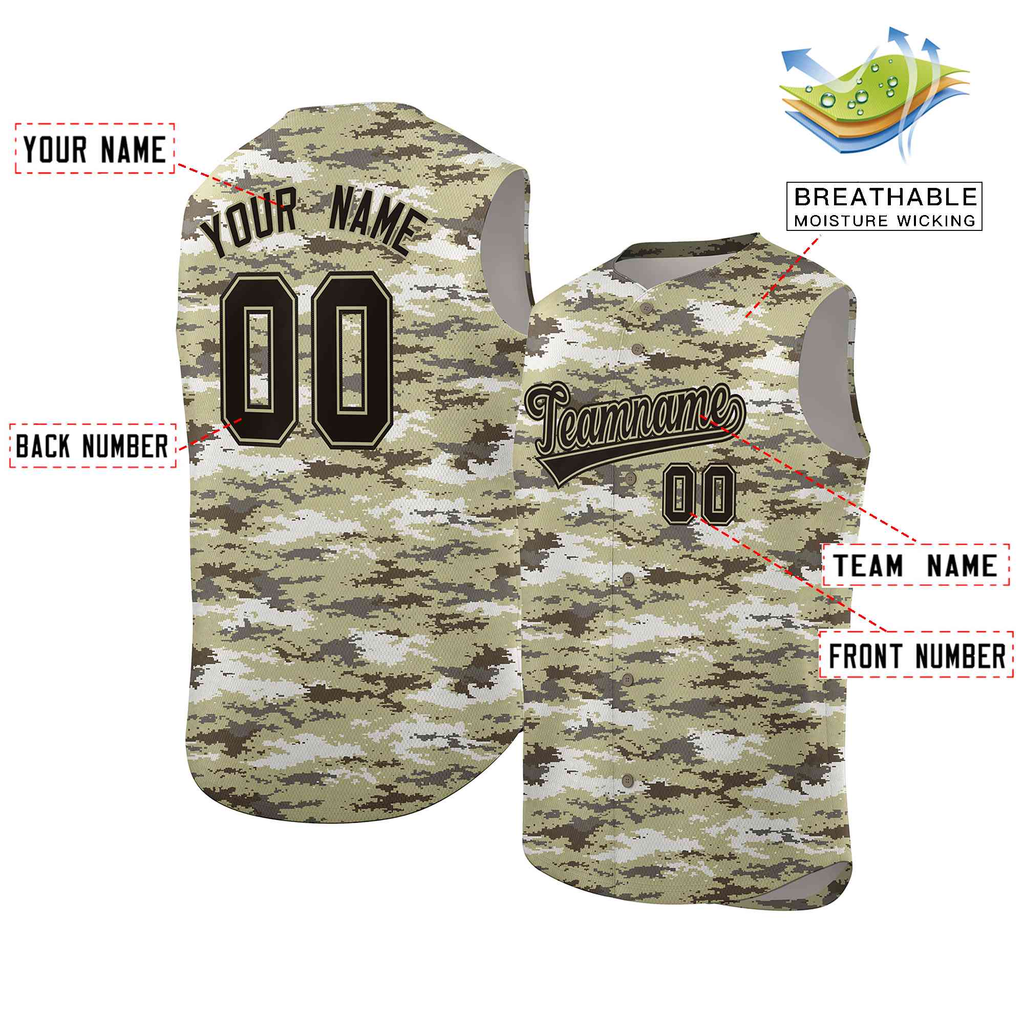 Custom Brown Khaki-Black Camo Fashion Authentic Sleeveless Baseball Jersey