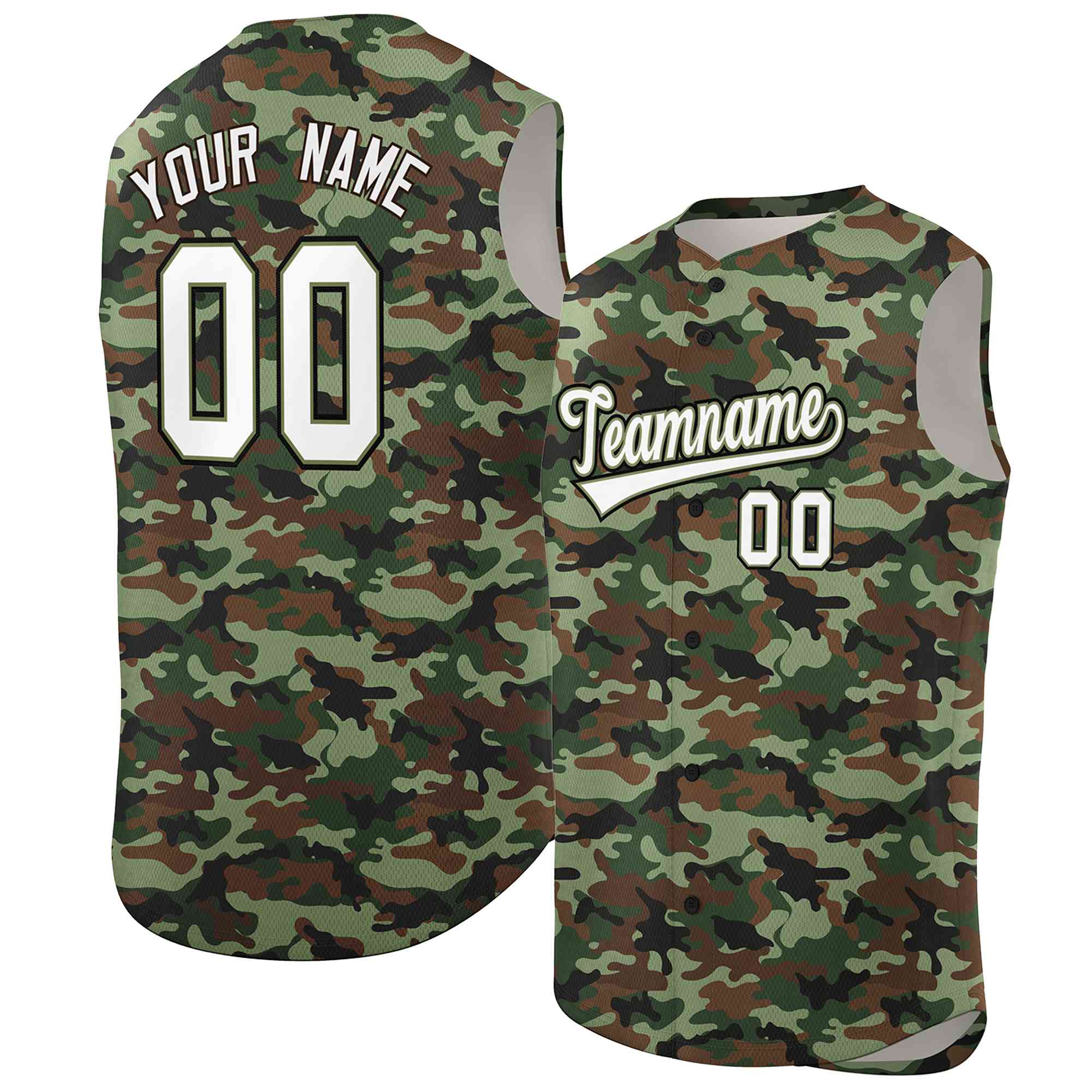 Custom Brown Green-White Camo Fashion Authentic Sleeveless Baseball Jersey