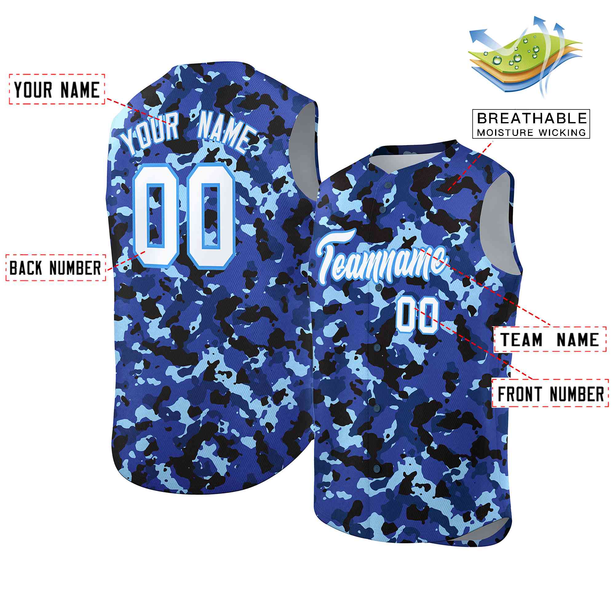 Custom Lt Blue Royal-White Camo Fashion Authentic Sleeveless Baseball Jersey