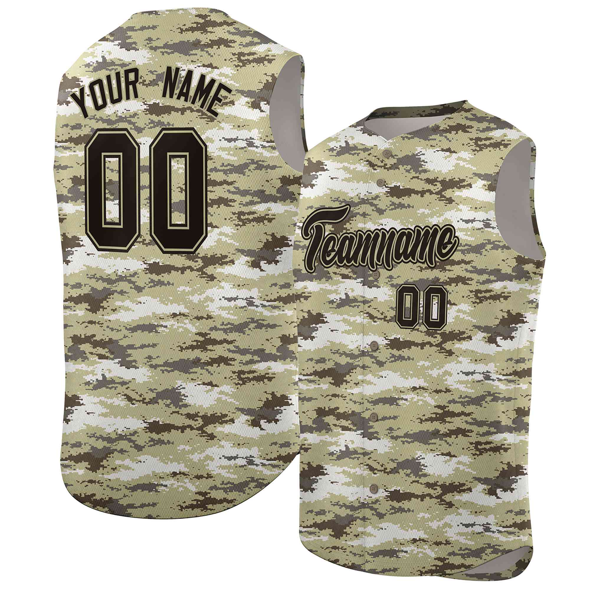 Custom Brown Khaki-Black Camo Fashion Authentic Sleeveless Baseball Jersey