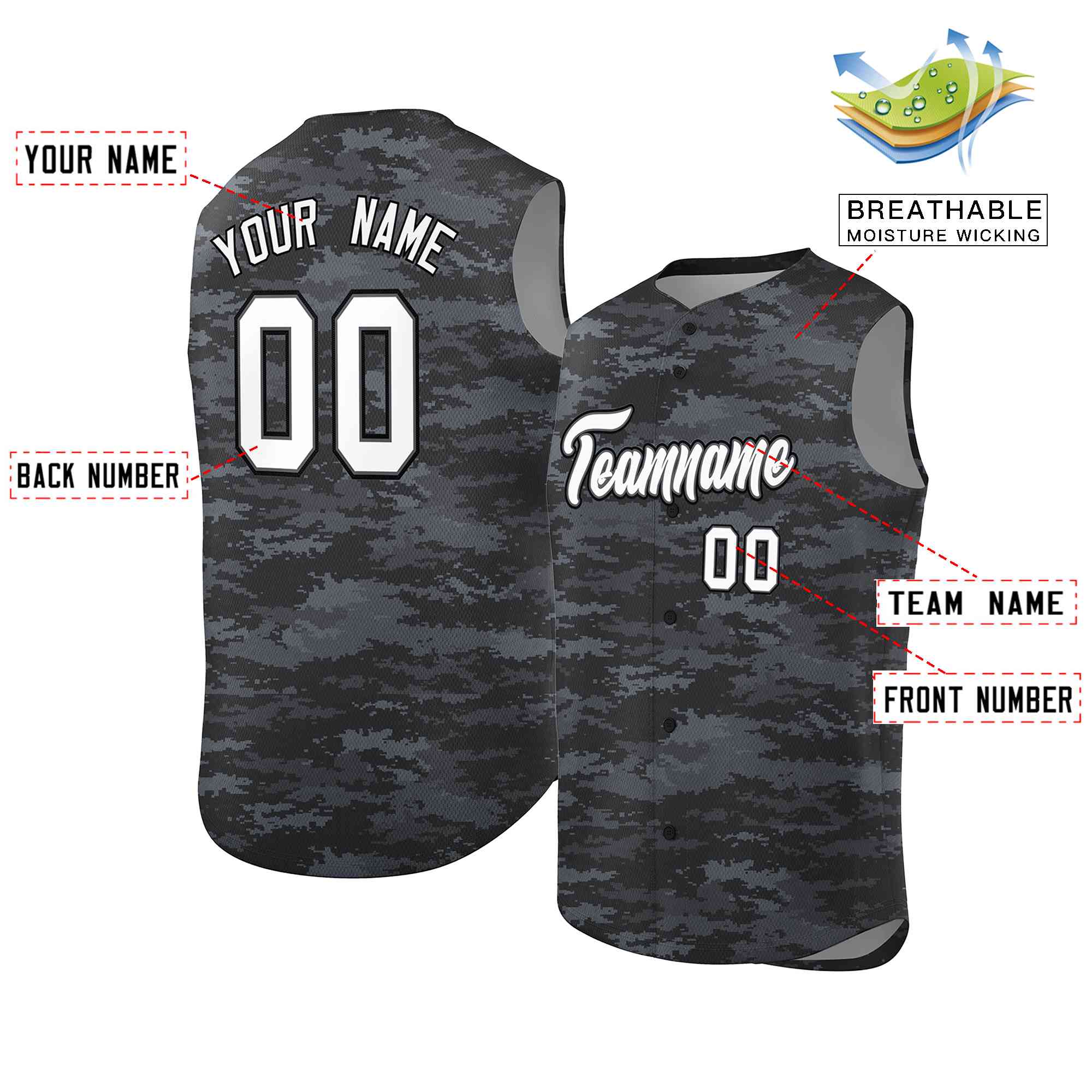 Custom Black Navy Camo Fashion Authentic Sleeveless Baseball Jersey