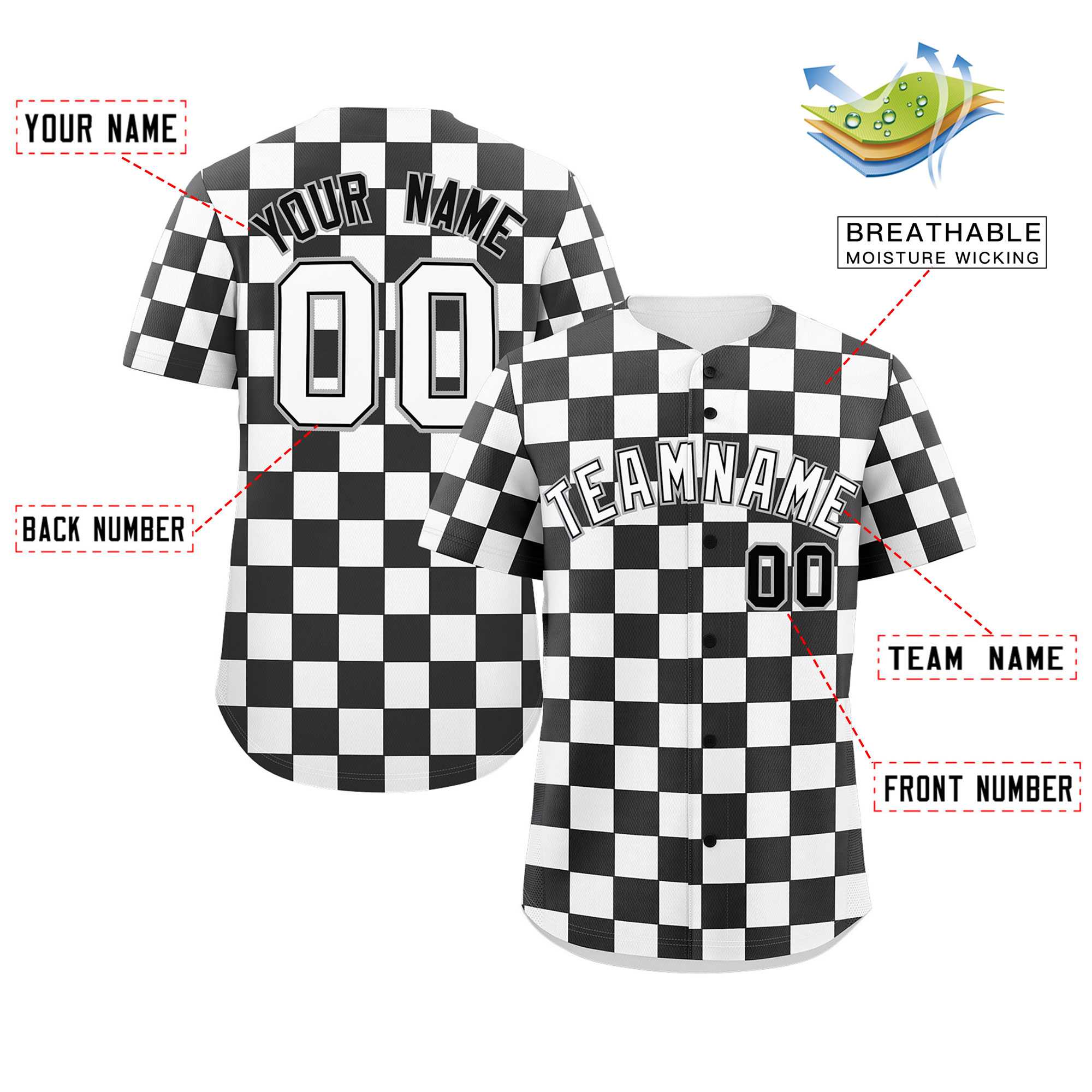 Custom Black White Square Grid Color Block Design Authentic Baseball Jersey