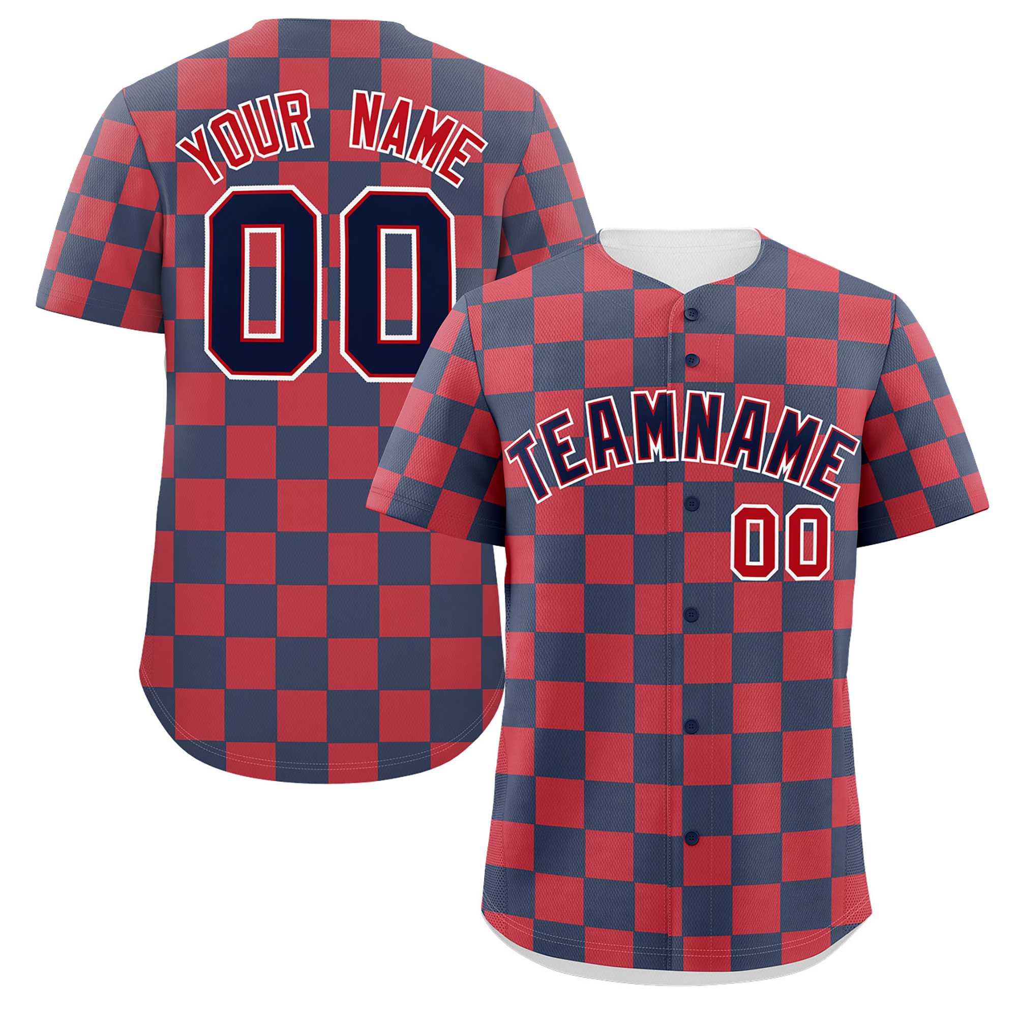 Custom Navy Red Square Grid Color Block Design Authentic Baseball Jersey