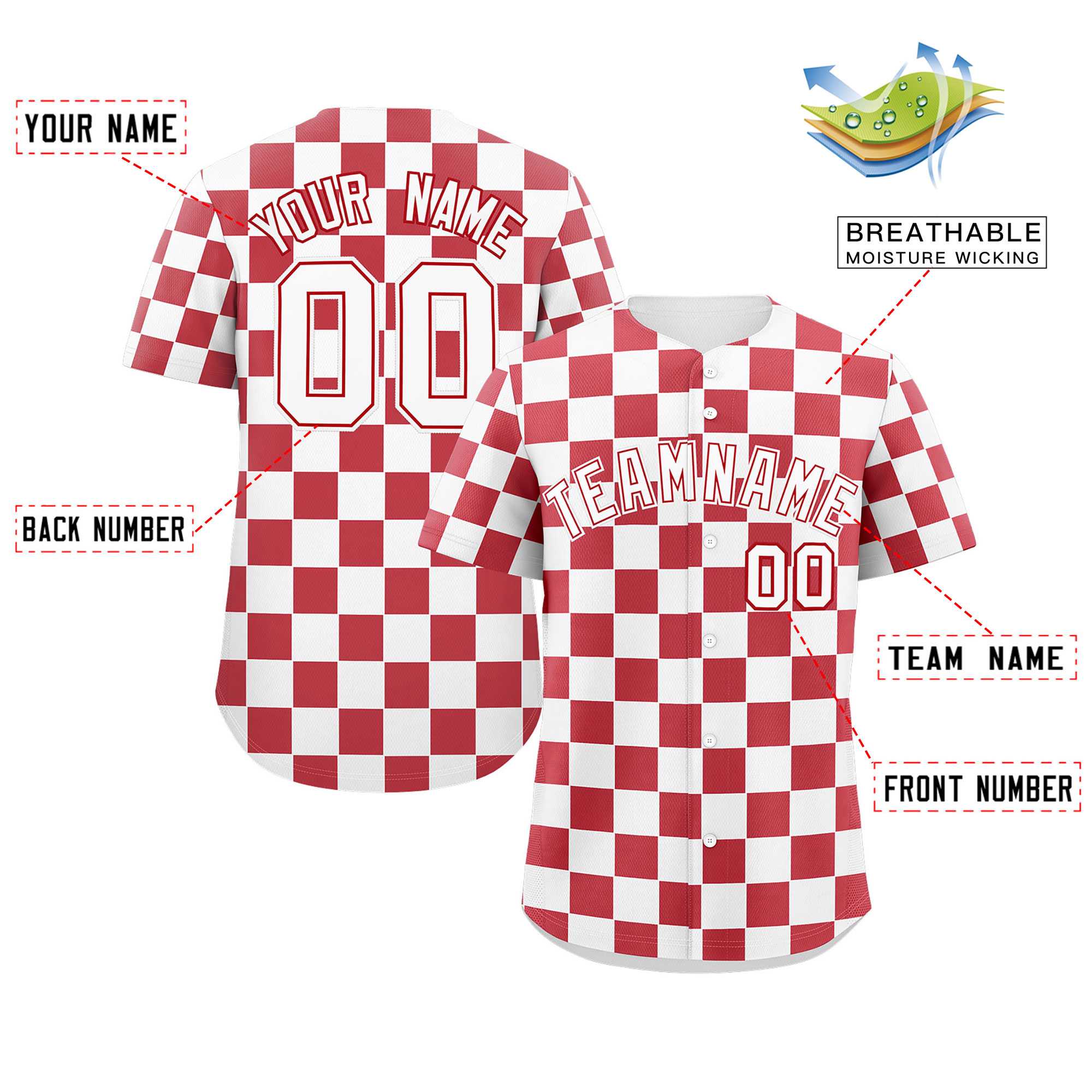 Custom White Red Square Grid Color Block Design Authentic Baseball Jersey