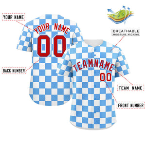 Custom Powder Blue White Square Grid Color Block Design Authentic Baseball Jersey