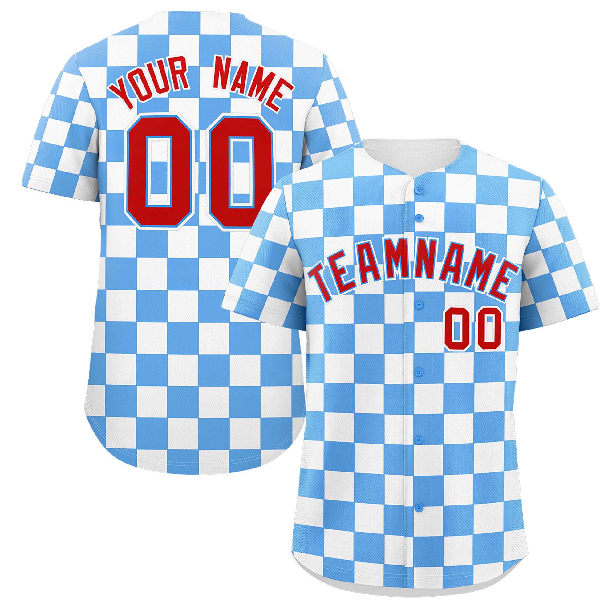 Custom Powder Blue White Square Grid Color Block Design Authentic Baseball Jersey