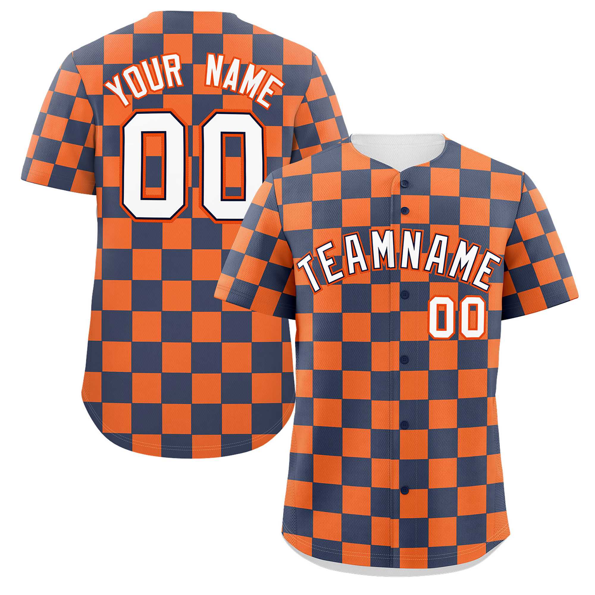 Custom Navy Orange Square Grid Color Block Design Authentic Baseball Jersey