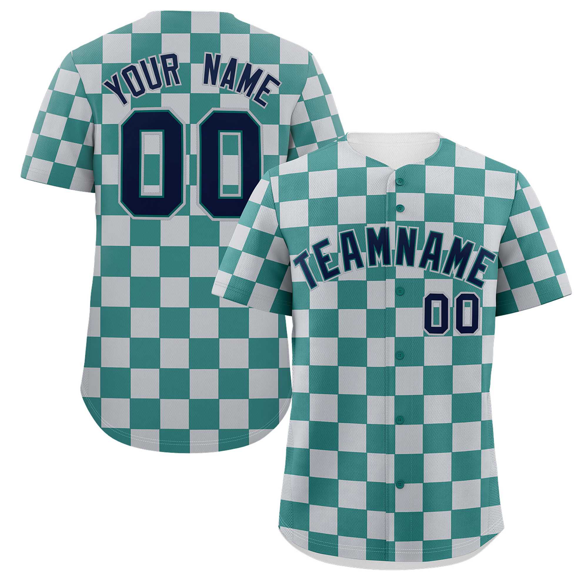 Custom Aqua Light Gray Square Grid Color Block Design Authentic Baseball Jersey