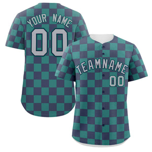 Custom Navy Aqua Square Grid Color Block Design Authentic Baseball Jersey